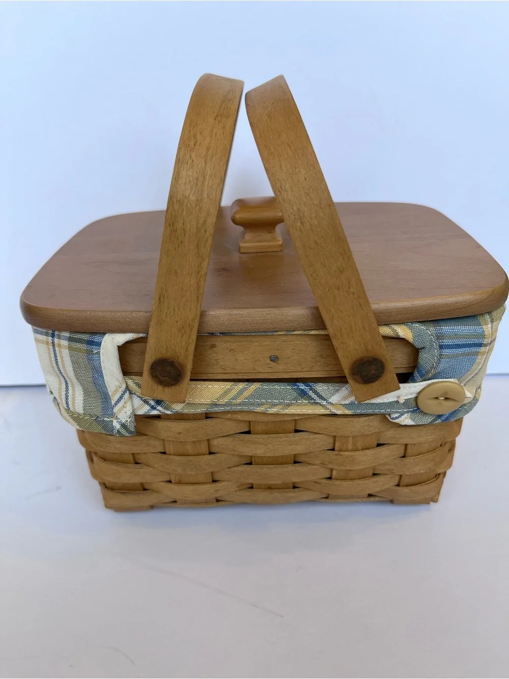 Vintage Longaberger Basket With Lid Yellow Blue Plaid Liner Cottagecore